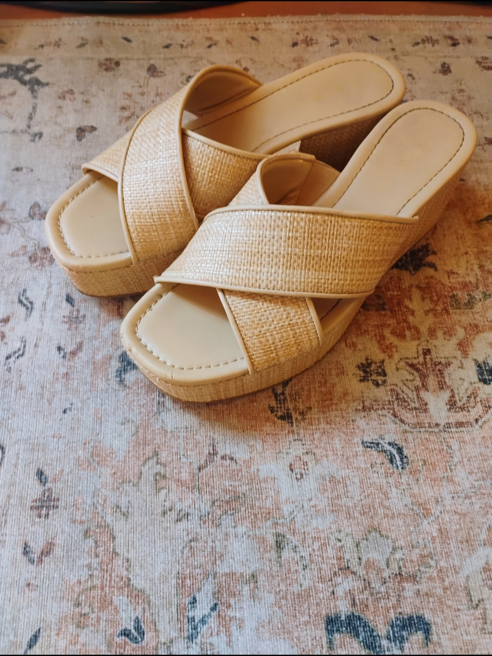 Beige Woven Crisscross Platform Slide Sandals